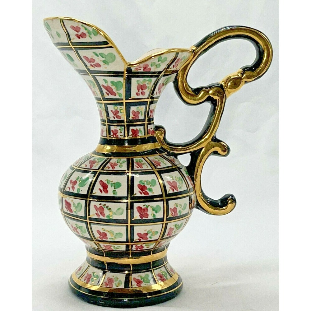 Vintage H Bequet #317 Hand Painted Belgium Pitcher Vase  Pink Floral Gold Black